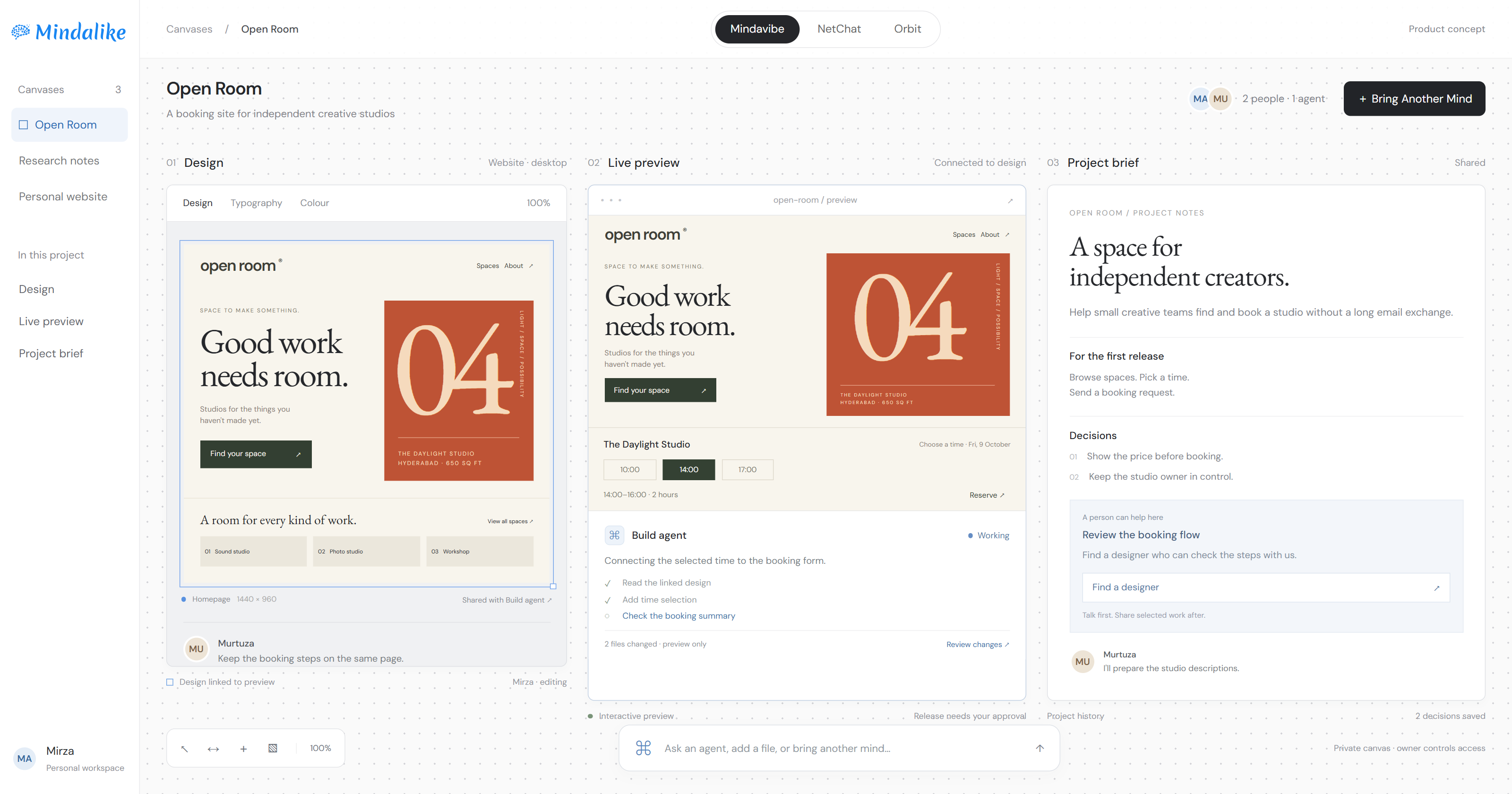 Mindalike Canvas concept: a studio booking website design, the same website in an interactive preview with an AI agent task, and a shared brief with a request for a designer